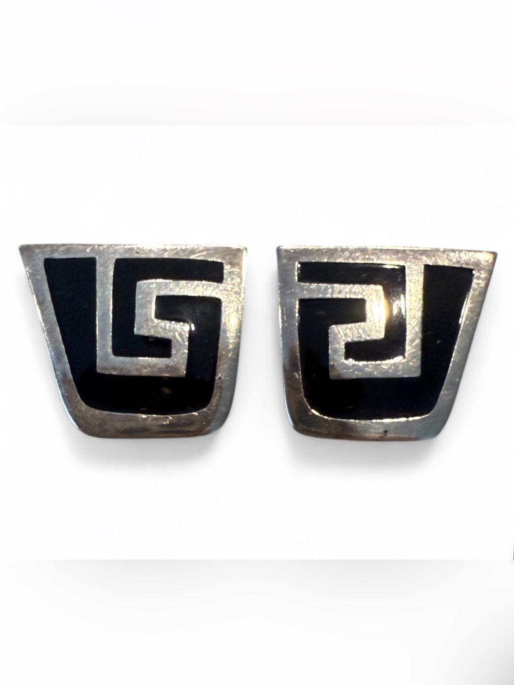 Vintage Taxco Mexico 925 Silver Earrings Signed TM-156 Black Enamel Handmade